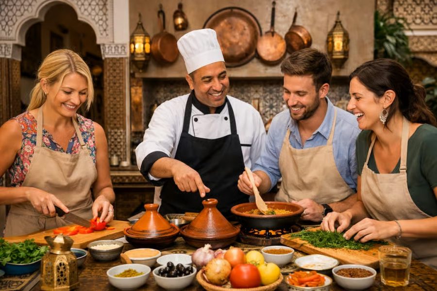 Cours de cuisine traditionnelle dans un riad et visite du marché
